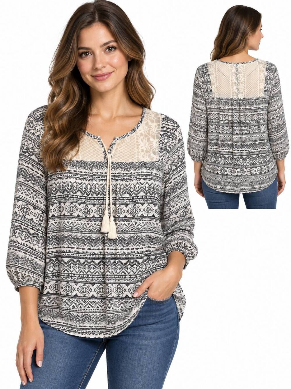 Maurices Size L Ivory Black Boho Lace Aztec Blouse